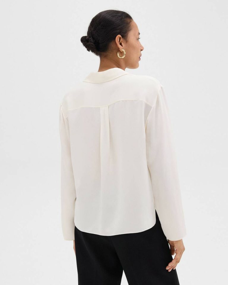 Theory Women Tops Notched Lapel Blouse In Silk Georgette Ivory - 3