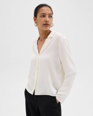 Theory Women Tops Notched Lapel Blouse In Silk Georgette Ivory - 1