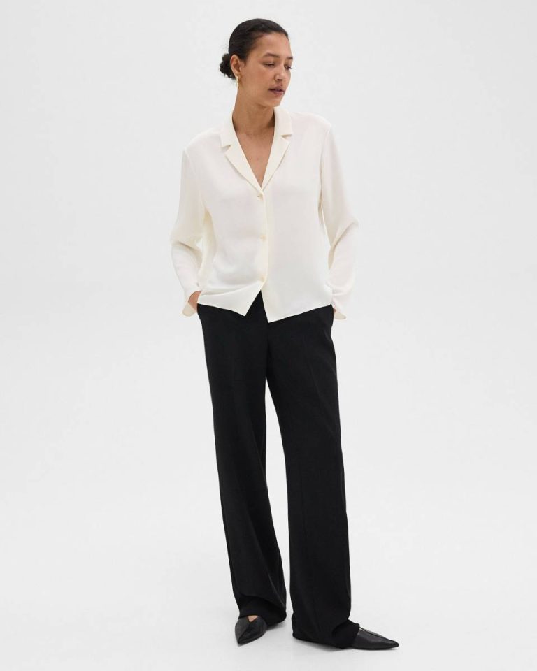 Theory Women Tops Notched Lapel Blouse In Silk Georgette Ivory - 5