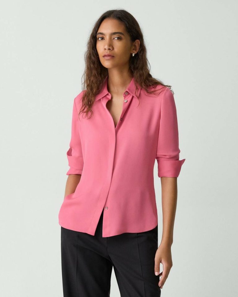 Tops Women Theory Fitted Shirt In Silk Georgette Bright Pink - 2