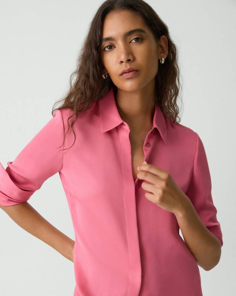 Tops Women Theory Fitted Shirt In Silk Georgette Bright Pink - 4