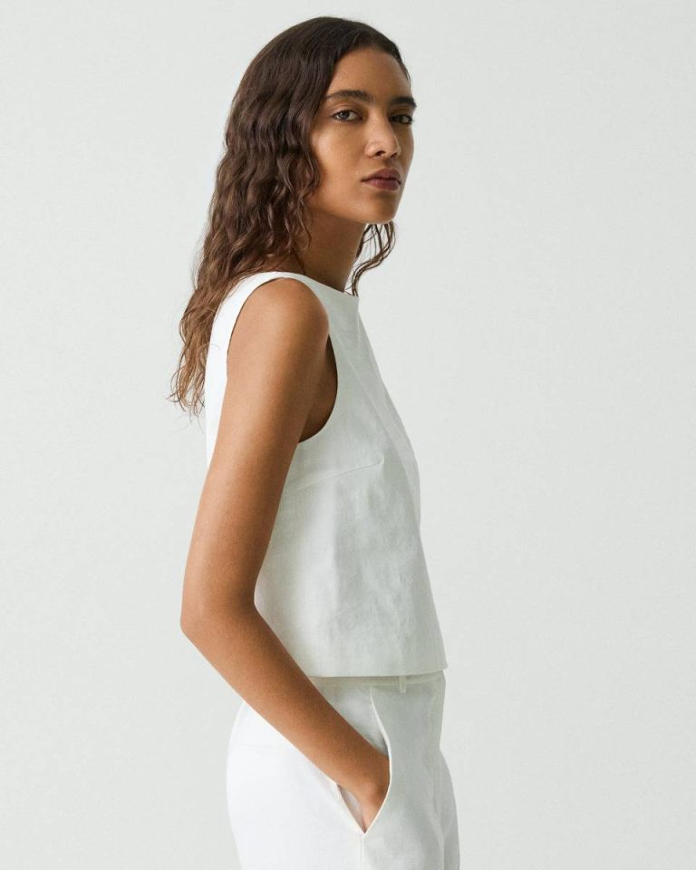 White Sleeveless Boatneck Top In Good Linen Women Tops Theory - 2