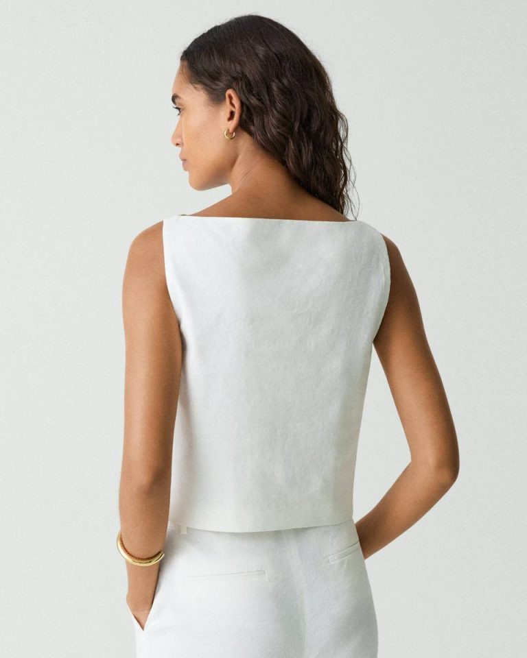 White Sleeveless Boatneck Top In Good Linen Women Tops Theory - 3