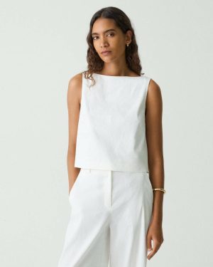 White Sleeveless Boatneck Top In Good Linen Women Tops Theory - 1