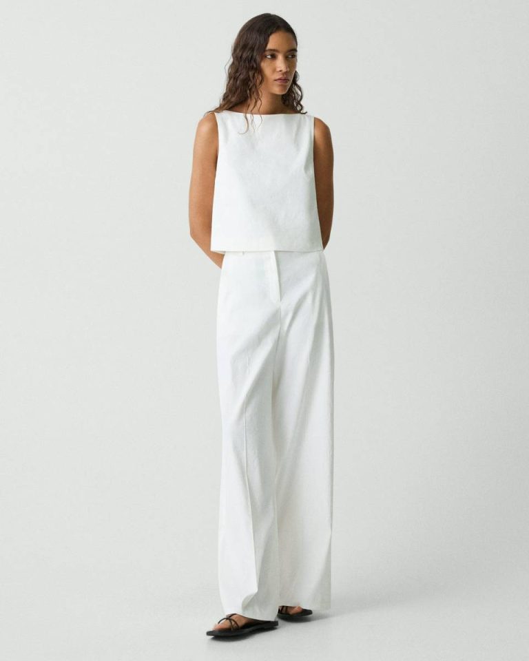 White Sleeveless Boatneck Top In Good Linen Women Tops Theory - 5