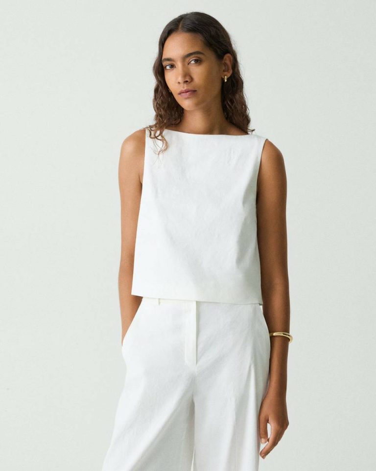 White Sleeveless Boatneck Top In Good Linen Women Tops Theory - 1