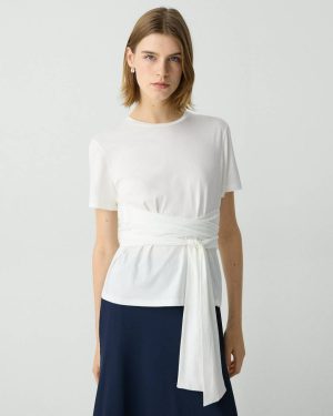 White Tie-Front Tee In Cotton Theory Women T-Shirts + Tank Tops - 1