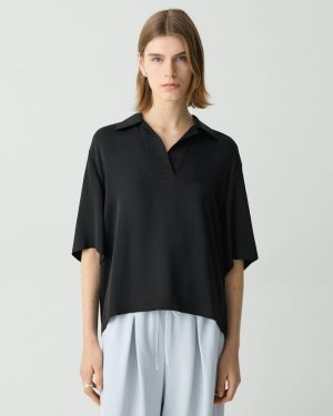 Women Black Tops Theory Oversized Polo Shirt In Silk Georgette - 1