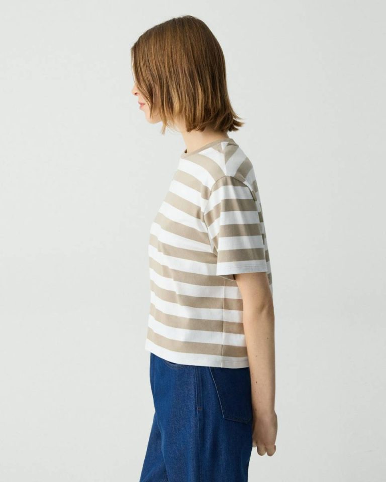Women Boxy Crewneck Tee In Striped Cotton Taupe Multi Theory T-Shirts + Tank Tops - 2