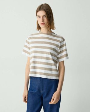 Women Boxy Crewneck Tee In Striped Cotton Taupe Multi Theory T-Shirts + Tank Tops - 1