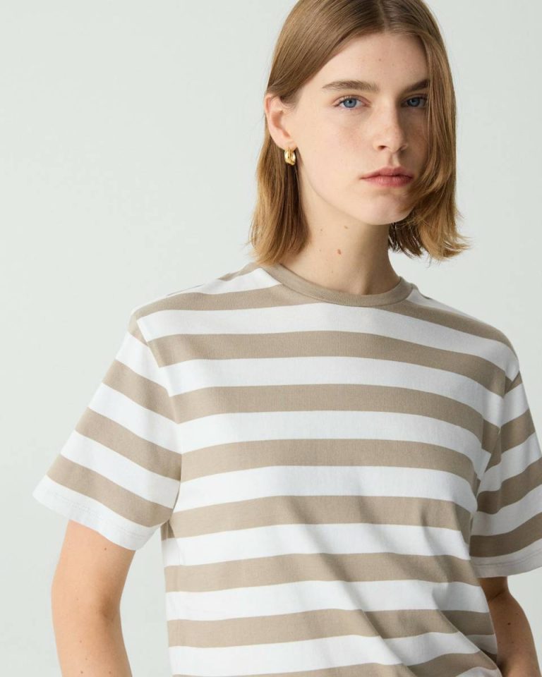 Women Boxy Crewneck Tee In Striped Cotton Taupe Multi Theory T-Shirts + Tank Tops - 4