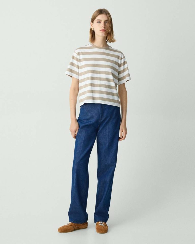 Women Boxy Crewneck Tee In Striped Cotton Taupe Multi Theory T-Shirts + Tank Tops - 5