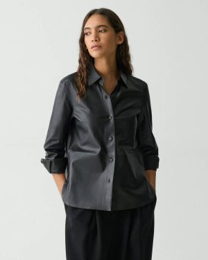 Women Classic Menswear Shirt In Leather Tops Theory Black - 1