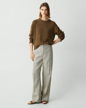 Women Cream Multi Straight Pant In Checked Linen-Blend Theory Pants - 1