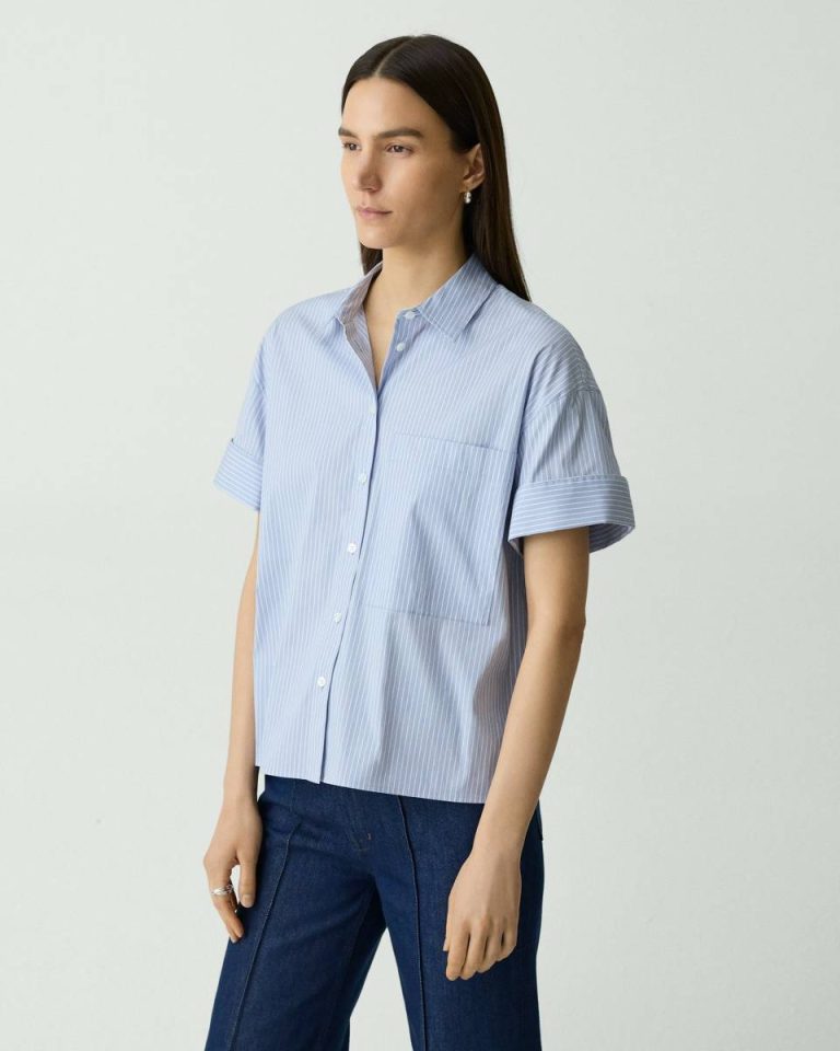 Women Cuffed Shirt In Striped Cotton-Blend Blue Multi Tops Theory - 2