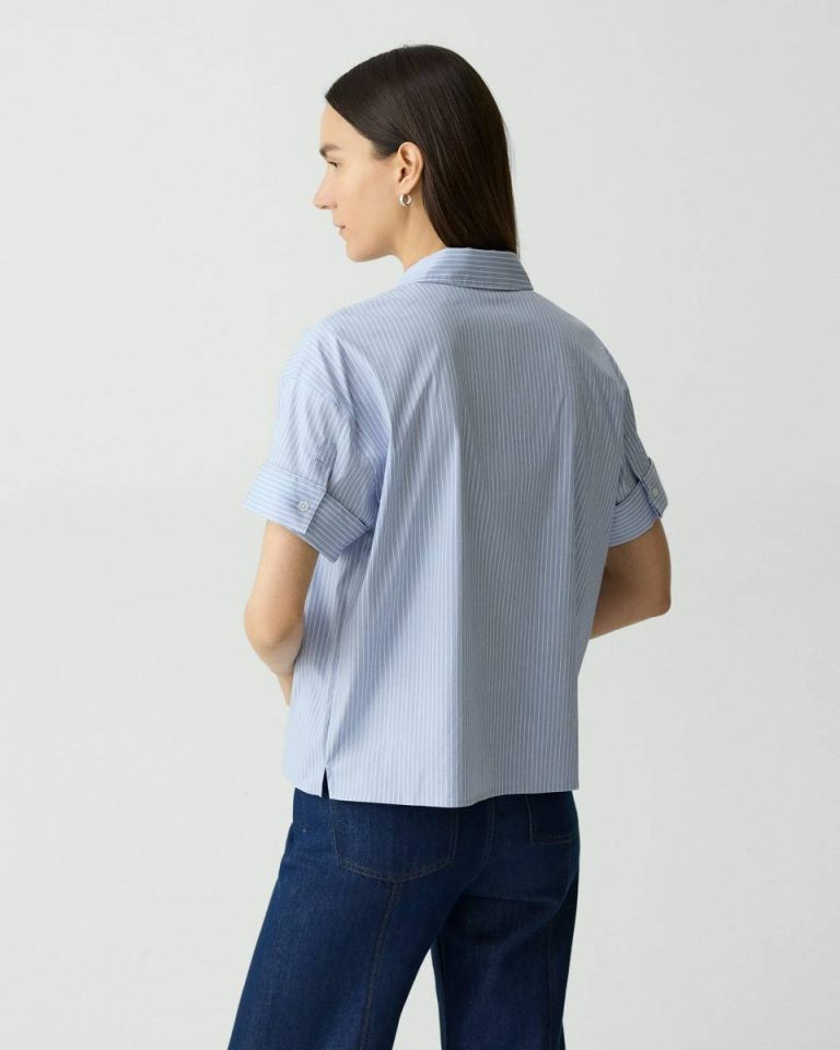 Women Cuffed Shirt In Striped Cotton-Blend Blue Multi Tops Theory - 3