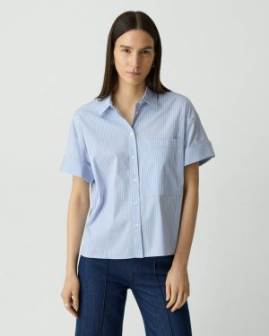 Women Cuffed Shirt In Striped Cotton-Blend Blue Multi Tops Theory - 1