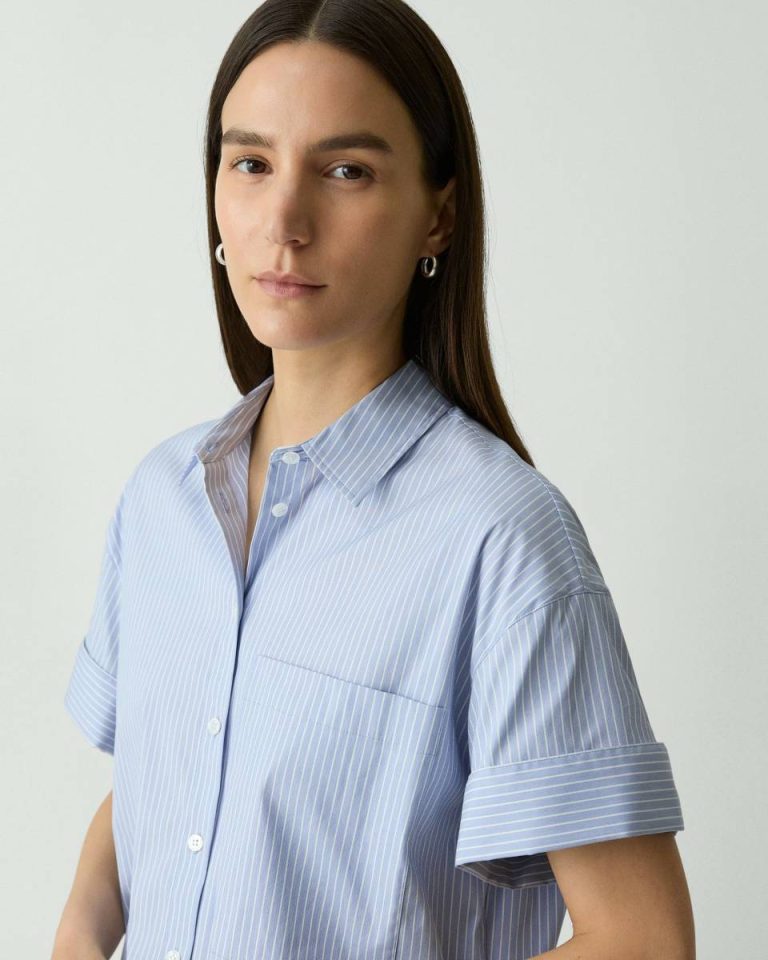 Women Cuffed Shirt In Striped Cotton-Blend Blue Multi Tops Theory - 4