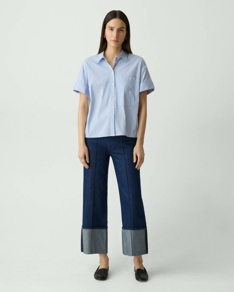 Women Cuffed Shirt In Striped Cotton-Blend Blue Multi Tops Theory - 5