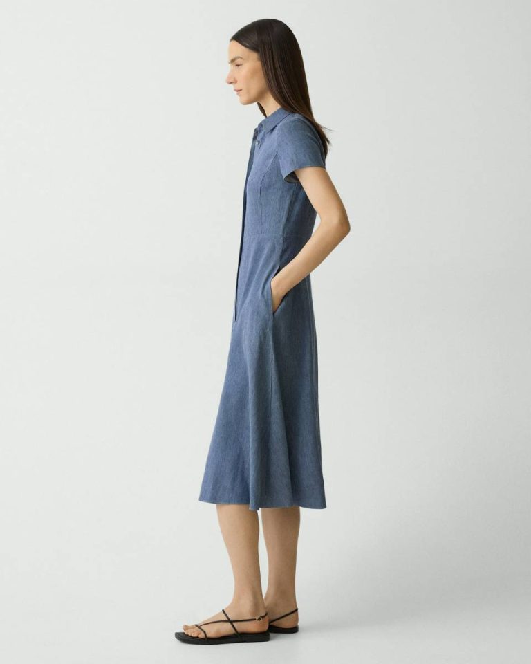 Women Dresses Theory Short-Sleeve Midi Dress In Fluid Linen Light Denim - 2