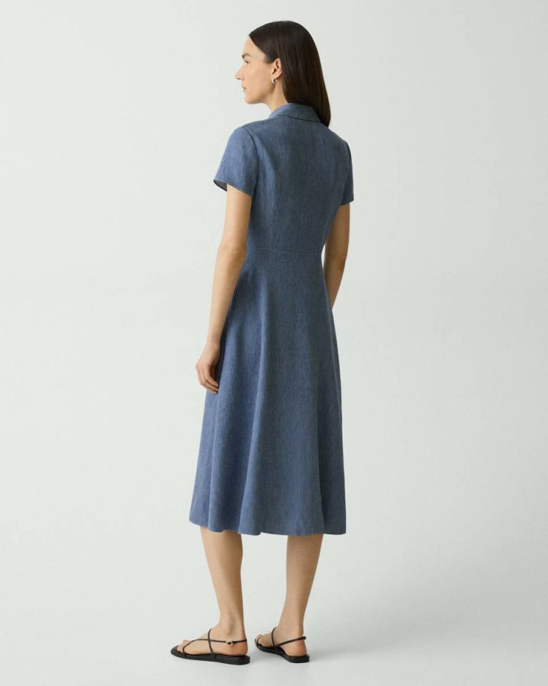 Women Dresses Theory Short-Sleeve Midi Dress In Fluid Linen Light Denim - 3