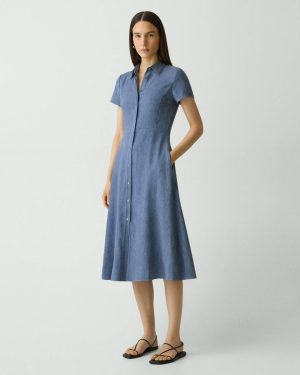 Women Dresses Theory Short-Sleeve Midi Dress In Fluid Linen Light Denim - 1