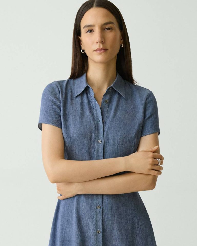 Women Dresses Theory Short-Sleeve Midi Dress In Fluid Linen Light Denim - 4