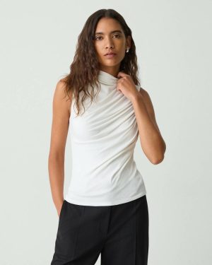 Women Ivory T-Shirts + Tank Tops Theory Draped Sleeveless Top In Ribbed Viscose - 1