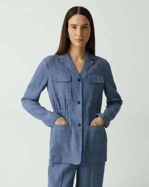 Women Light Denim Cinched Jacket In Fluid Linen Theory Blazers + Jackets - 1