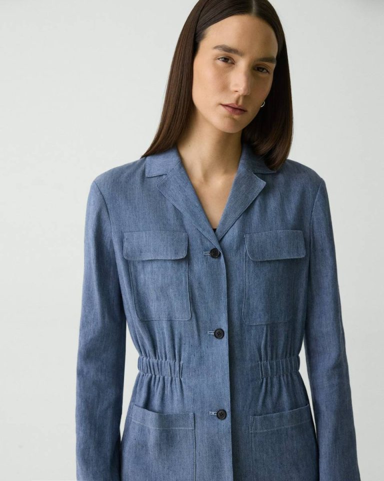 Women Light Denim Cinched Jacket In Fluid Linen Theory Blazers + Jackets - 4