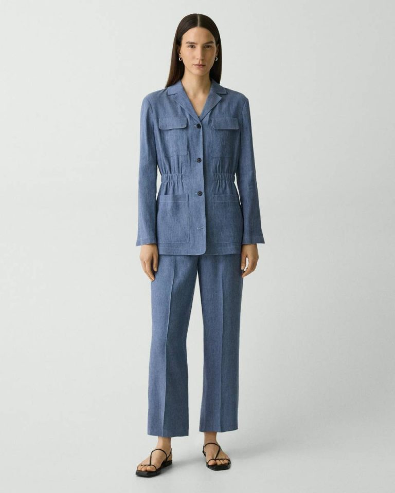 Women Light Denim Cinched Jacket In Fluid Linen Theory Blazers + Jackets - 5