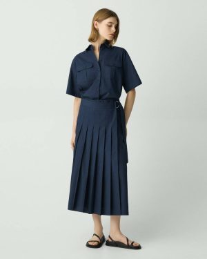 Women Pleated Wrap Dress In Sleek Poplin Dresses Theory Nocturne Navy - 1