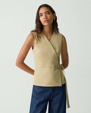 Women Sleeveless Wrap Top In Cotton Chino Tops Theory Trench - 1