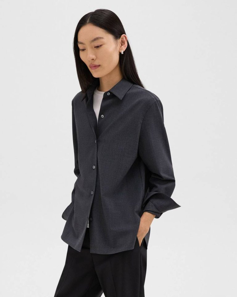 Women Straight Shirt In Good Wool Charcoal Melange Theory Tops - 2
