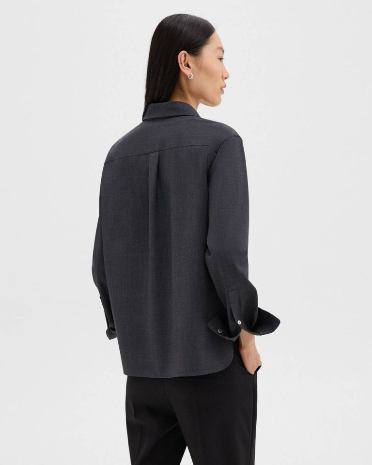 Women Straight Shirt In Good Wool Charcoal Melange Theory Tops - 3