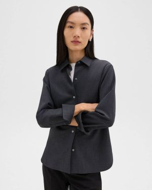 Women Straight Shirt In Good Wool Charcoal Melange Theory Tops - 1
