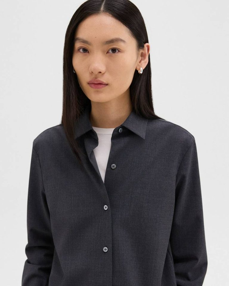 Women Straight Shirt In Good Wool Charcoal Melange Theory Tops - 4