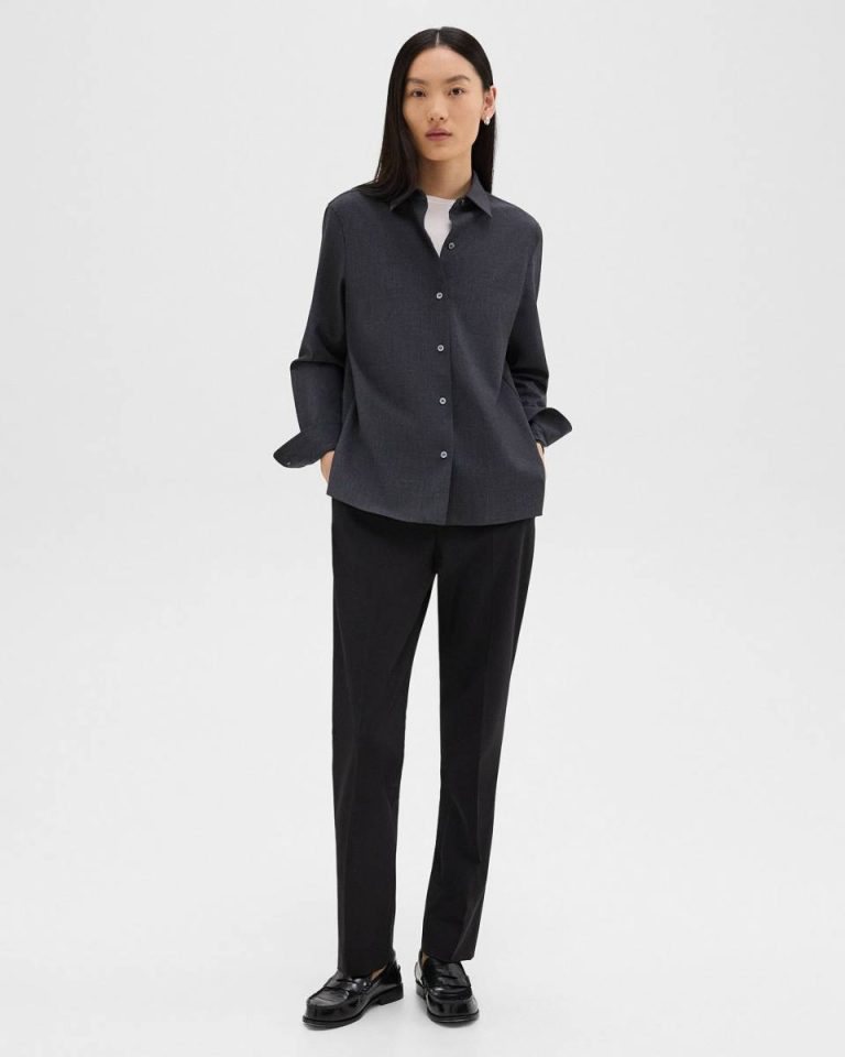 Women Straight Shirt In Good Wool Charcoal Melange Theory Tops - 5