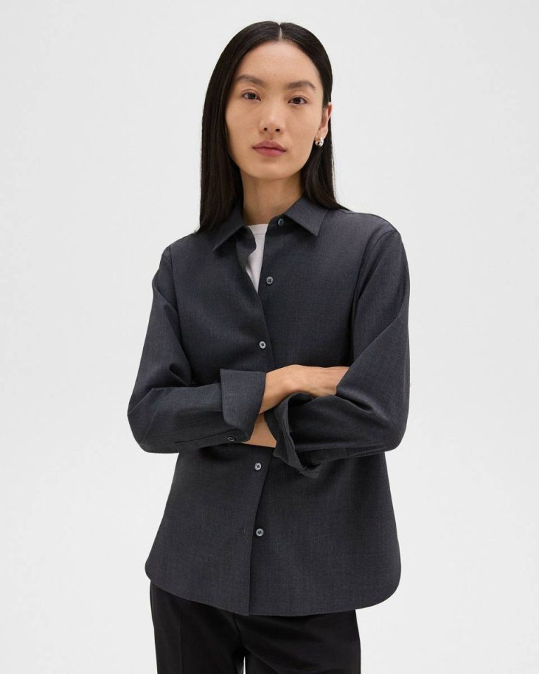 Women Straight Shirt In Good Wool Charcoal Melange Theory Tops - 1