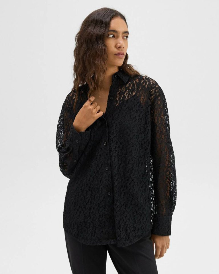 Women Theory Black Tops Boyfriend Shirt In Leopard Lace - 2