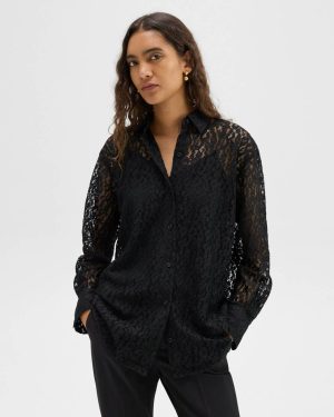 Women Theory Black Tops Boyfriend Shirt In Leopard Lace - 1