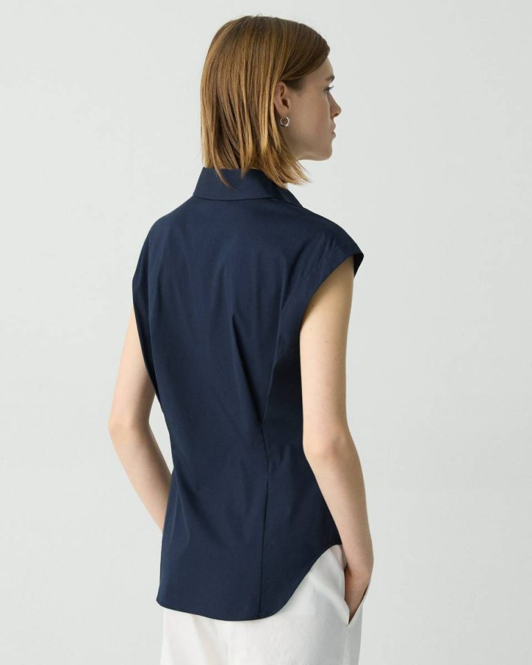 Women Theory Cinched Cap Sleeve Shirt In Good Cotton New Navy Tops - 2