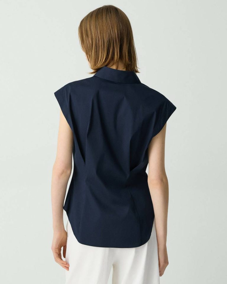 Women Theory Cinched Cap Sleeve Shirt In Good Cotton New Navy Tops - 3