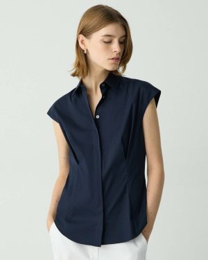 Women Theory Cinched Cap Sleeve Shirt In Good Cotton New Navy Tops - 1