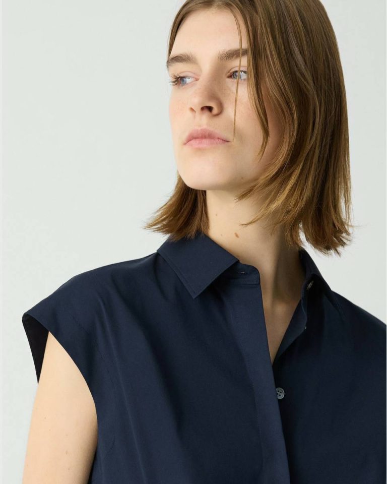Women Theory Cinched Cap Sleeve Shirt In Good Cotton New Navy Tops - 4