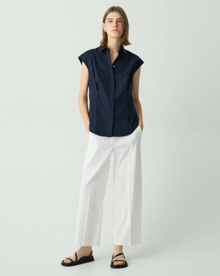 Women Theory Cinched Cap Sleeve Shirt In Good Cotton New Navy Tops - 5
