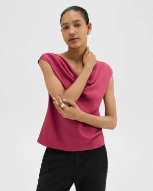 Women Theory Cowl Neck Top In Silk Georgette Deep Rose Tops - 1