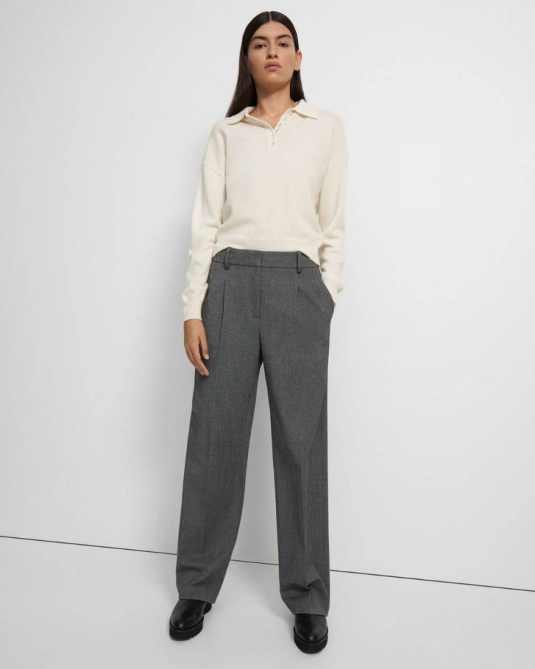 Women Theory Pleated Wide-Leg Pant In Soft Twill Light Charcoal Pants - 2