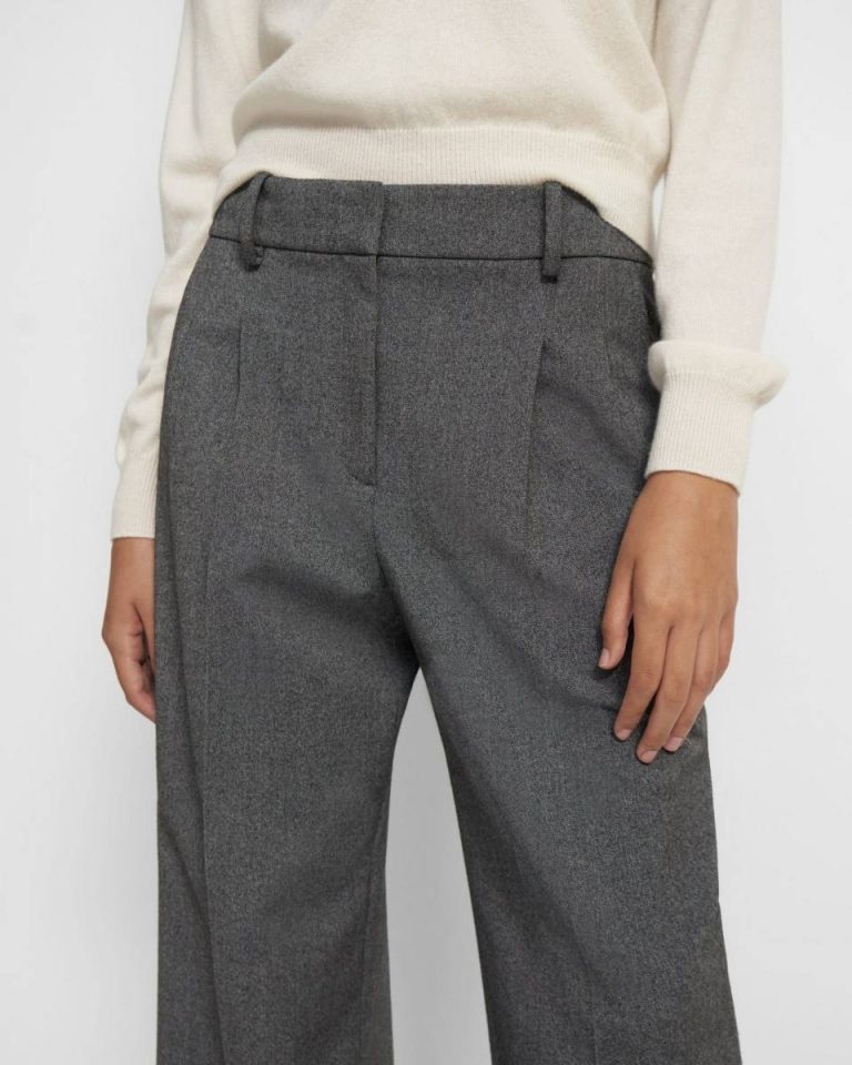 Women Theory Pleated Wide-Leg Pant In Soft Twill Light Charcoal Pants - 3