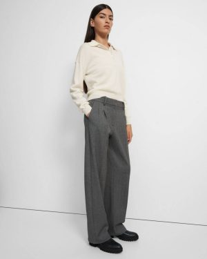 Women Theory Pleated Wide-Leg Pant In Soft Twill Light Charcoal Pants - 1